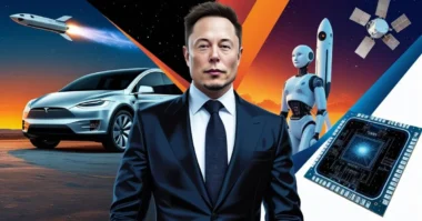 Elon Musk with Tesla, SpaceX, Neuralink, Starlink, and AI innovations in a tech-themed collage.