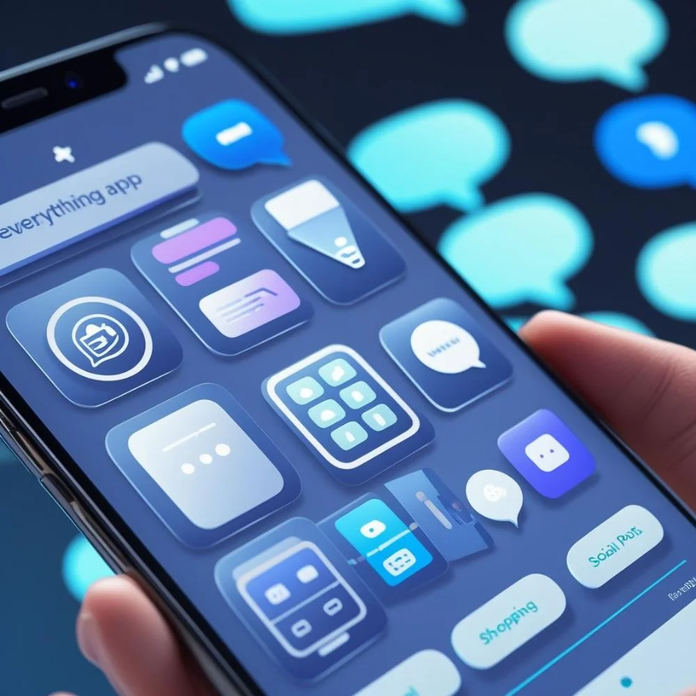 X app interface showing messaging, payments, and social features on a smartphone screen.