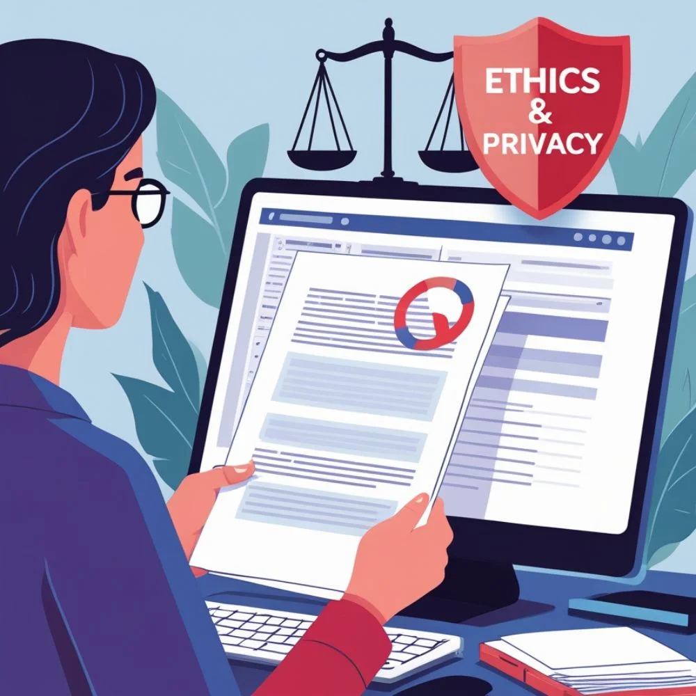 Person reviewing redacted leaked data with focus on ethics and privacy.