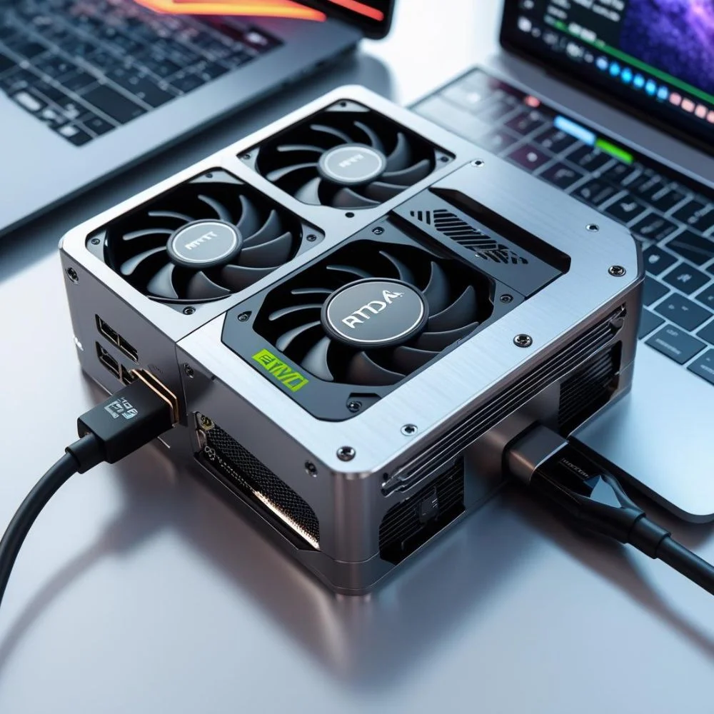 Labeled eGPU setup showing GPU, cooling, power, and Thunderbolt connection. 