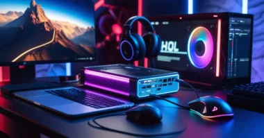 Laptop with external GPU setup boosting graphics performance.