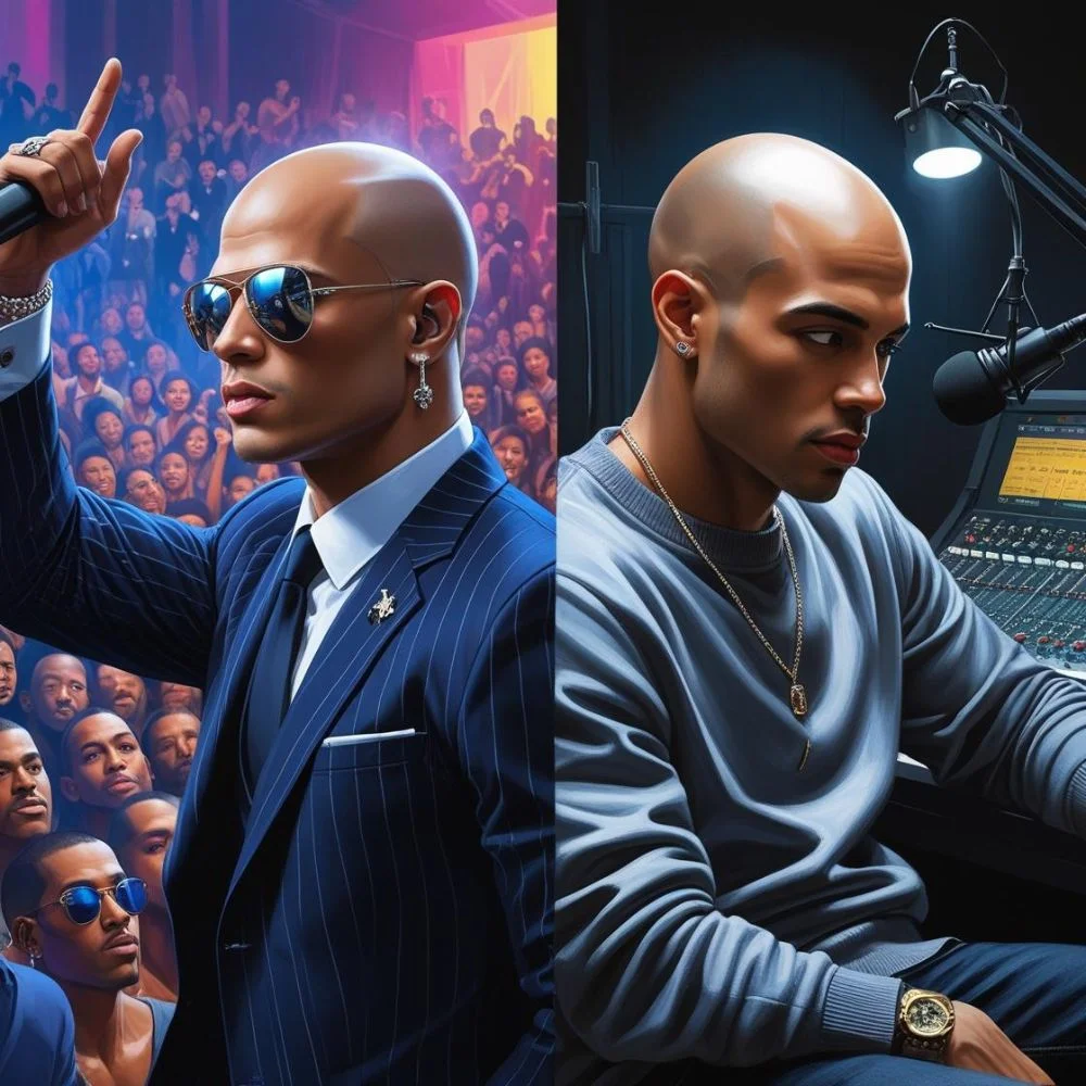 Pitbull and Common showcasing bold bald looks and confident musical styles in dynamic, stylish settings. 
