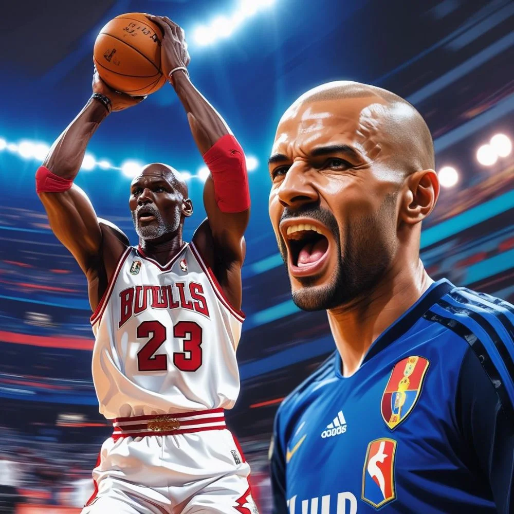 Michael Jordan and Zinedine Zidane in action, showcasing iconic bald looks and athletic excellence.
