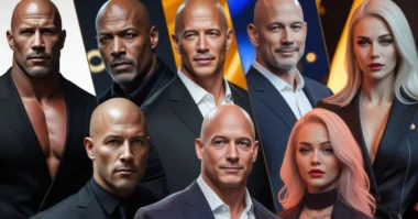 Confident bald icons from film, sports, music, and business standing proud in a powerful collage.