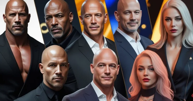 Confident bald icons from film, sports, music, and business standing proud in a powerful collage.