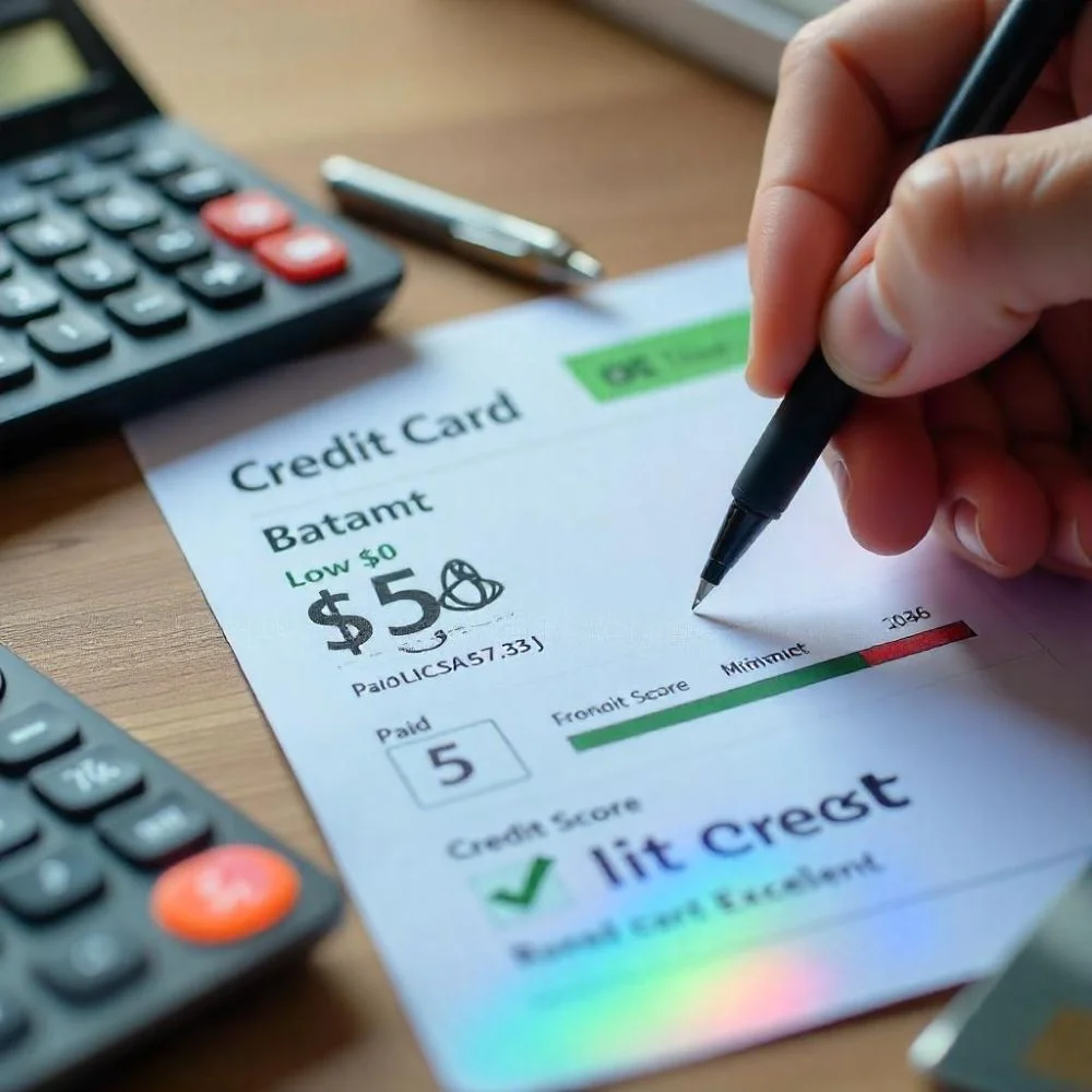 Credit card statement with low balance and signs of smart money management.