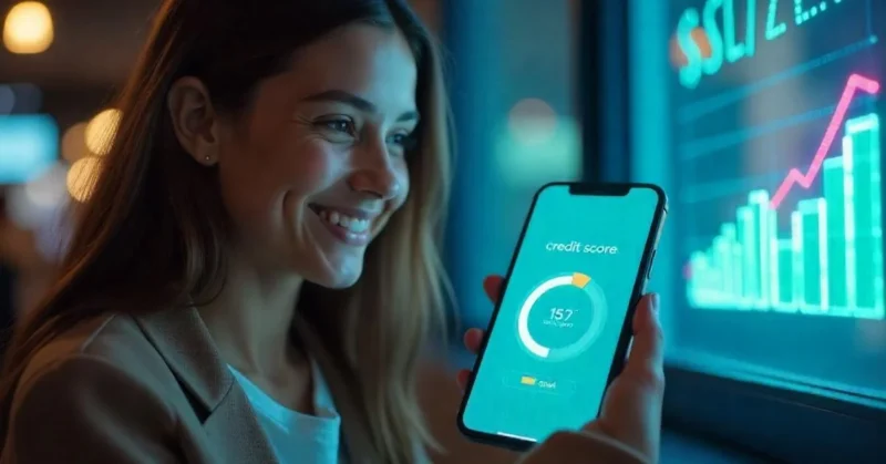 Smiling person checking improved credit score on phone with upward trend.
