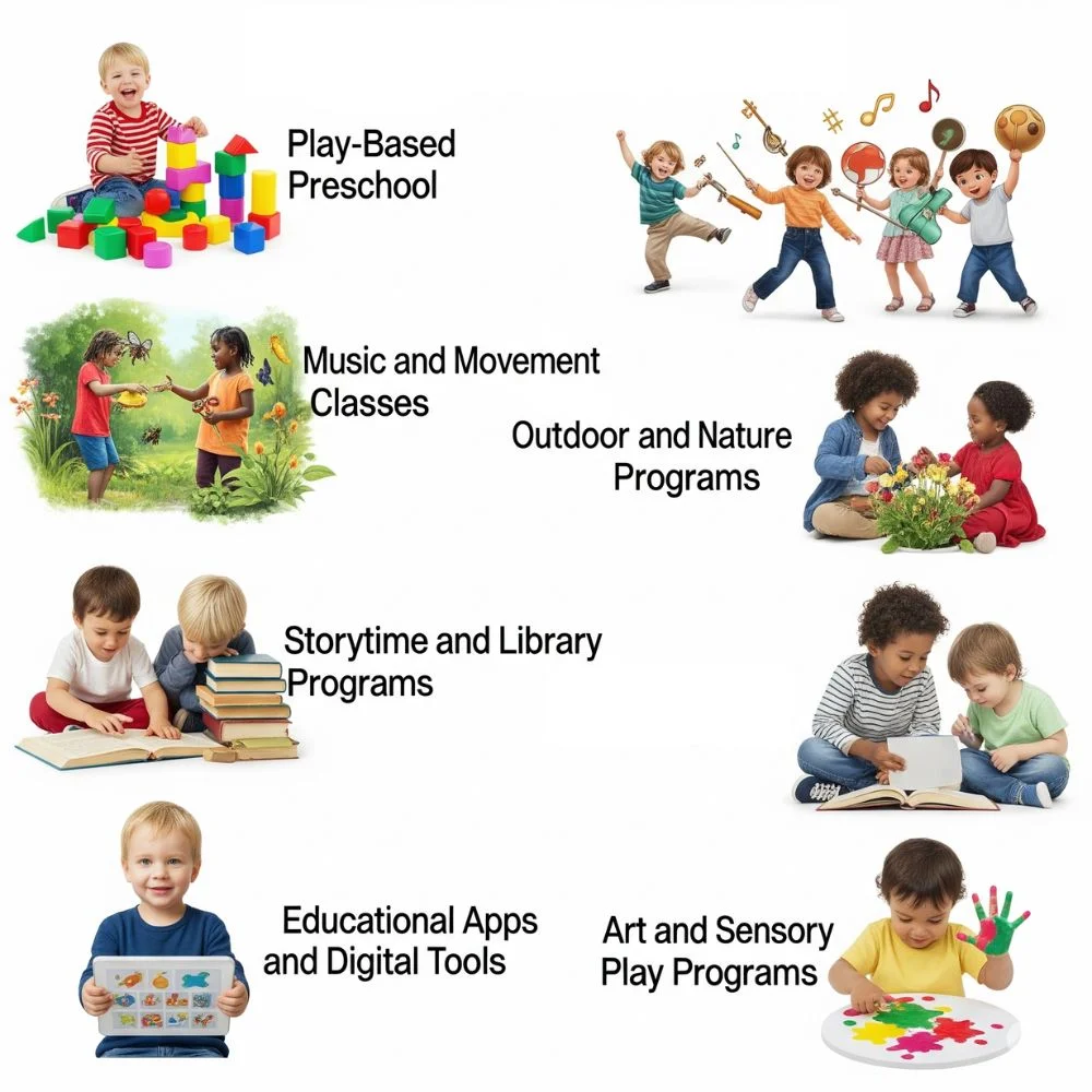 Realistic collage of six kids’ learning activities with bold labels.