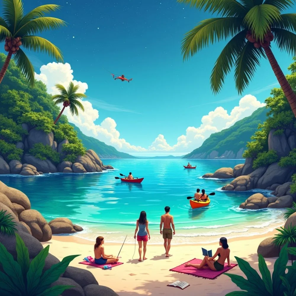 Guests enjoying snorkeling, kayaking, hiking, and relaxing under the stars on Anna Island. 