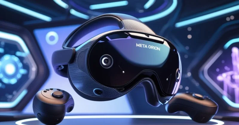 Sleek Meta Orion mixed reality headset with ergonomic controllers in a futuristic digital background.