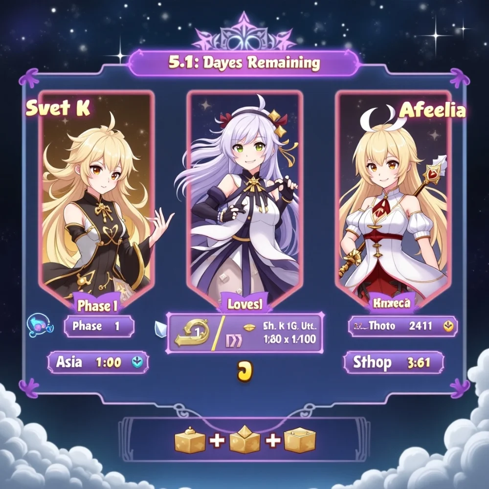 Image of Genshin-style banner UI with characters, weapons, and countdown.