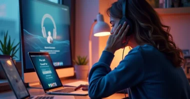Customer calling Apple Support while troubleshooting iPhone, iPad, and MacBook issues at a modern desk**