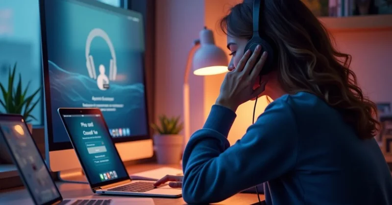 Customer calling Apple Support while troubleshooting iPhone, iPad, and MacBook issues at a modern desk**