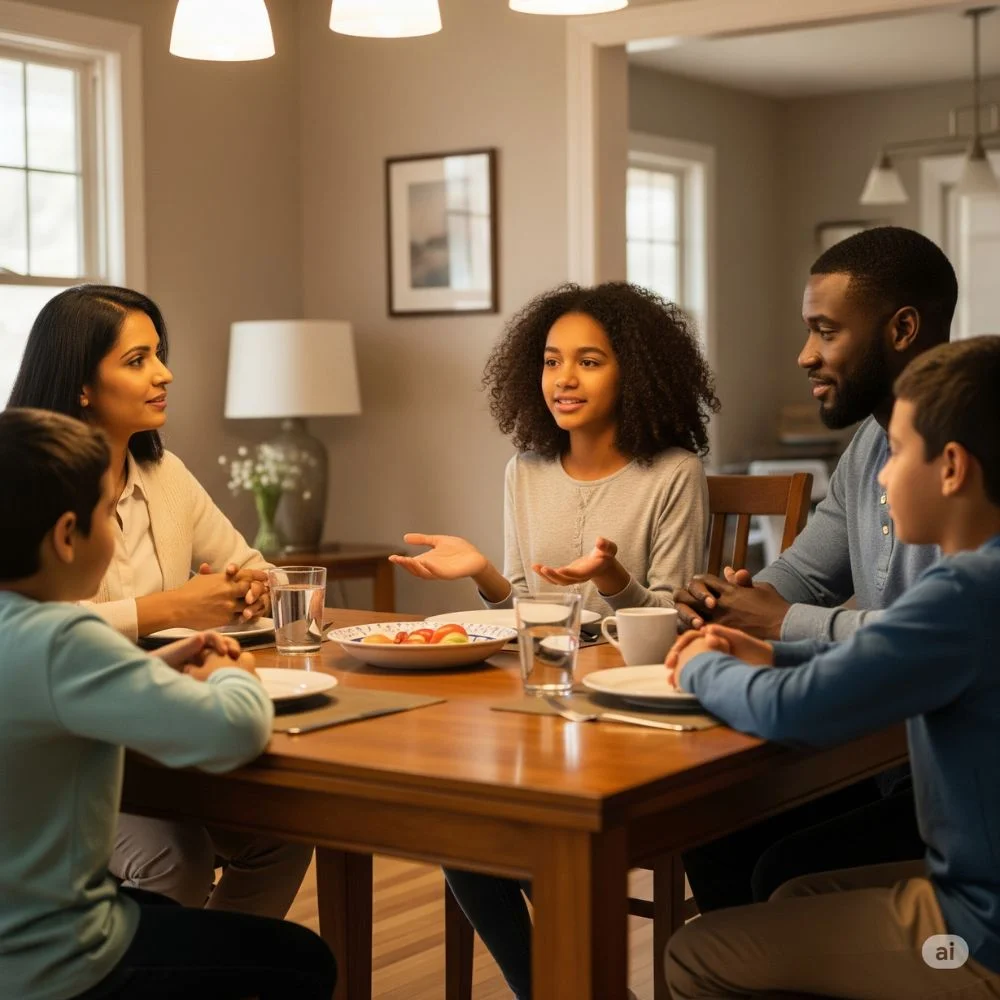 American family resolving conflict calmly with respectful communication
