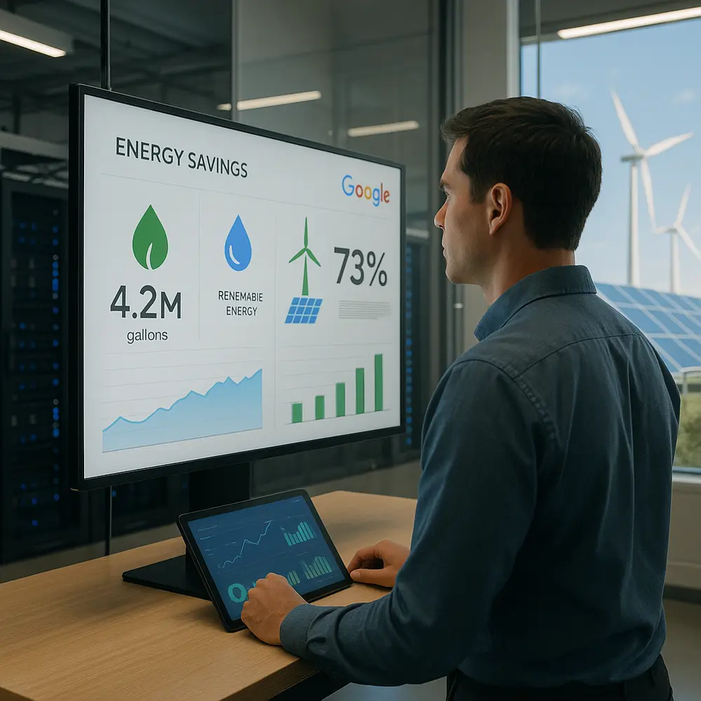 Employee reviews AI powered energy and water data in a Google data center.
