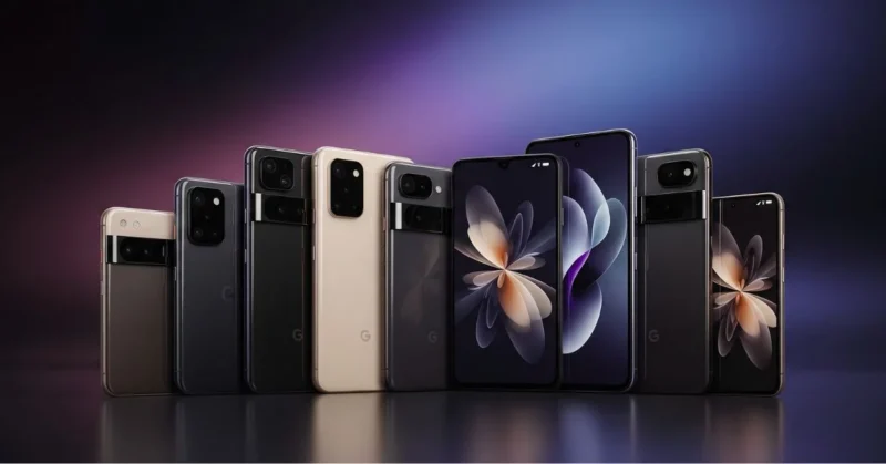 Google Pixel 10 and Pixel 10 Pro in dark-themed promotional display