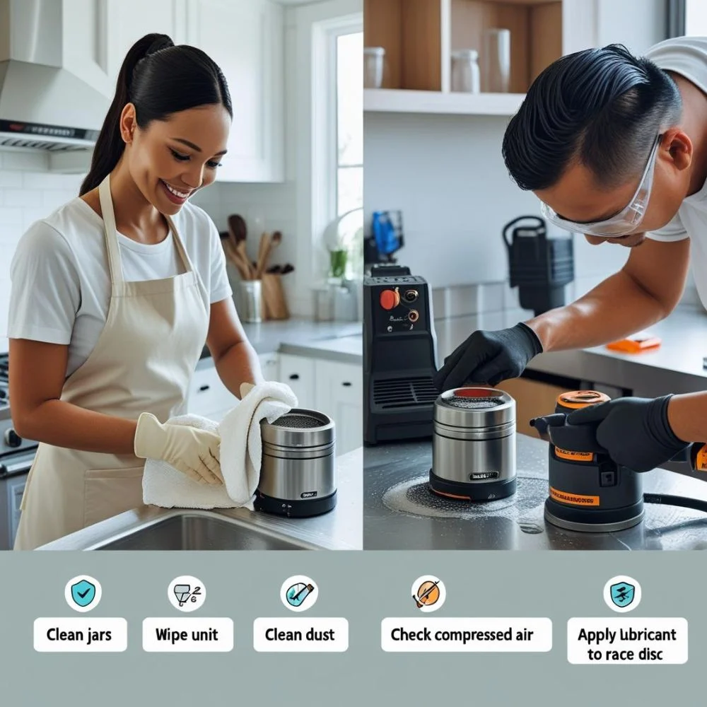 "Maintaining kitchen and tool grinders with cleaning and care"