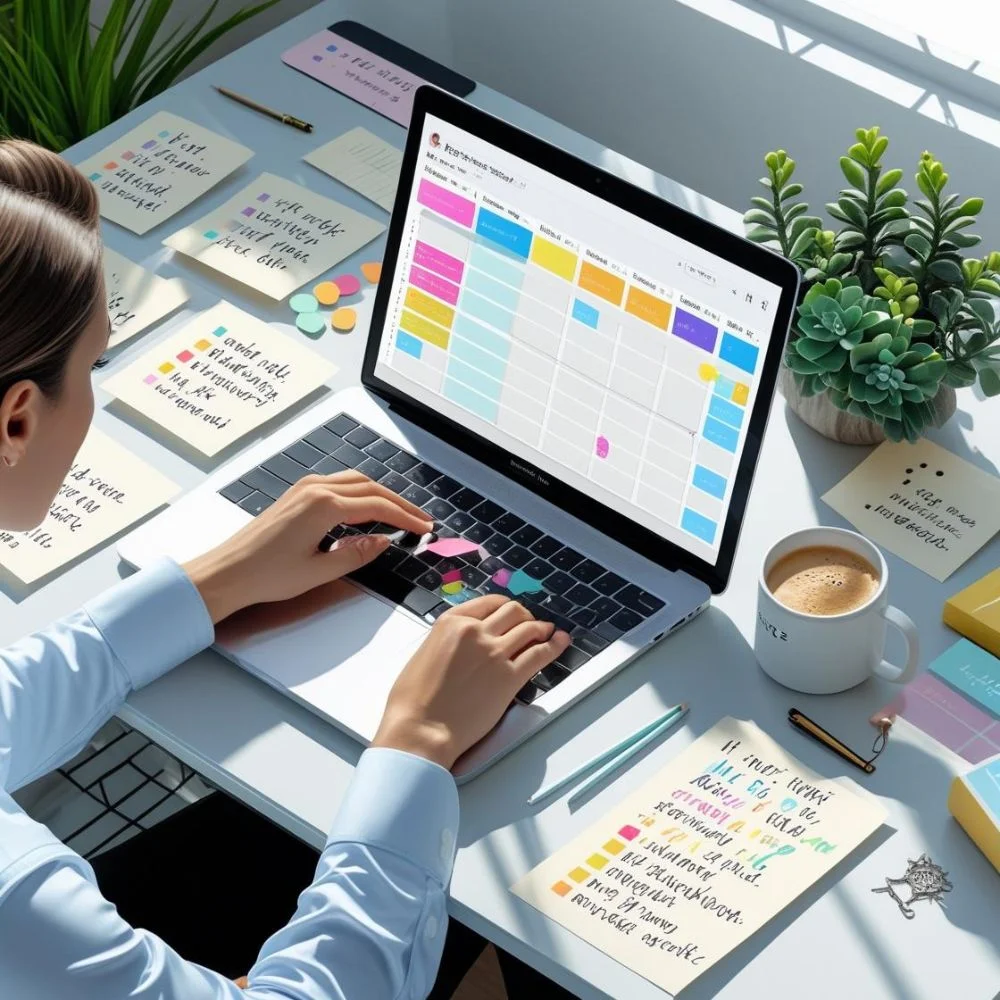 Person using digital planning tools like Trello and Notion to organize small business tasks.