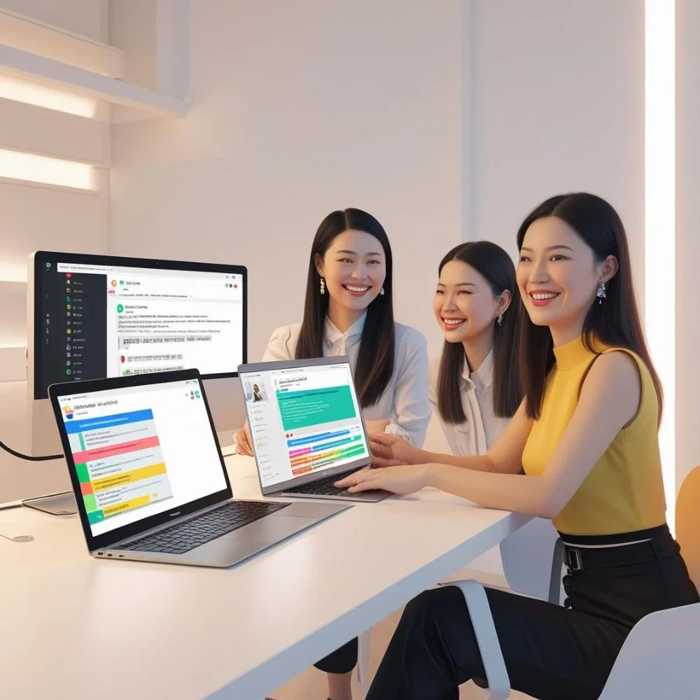 Small team collaborating online using Zoom, Slack, and shared documents for better teamwork.