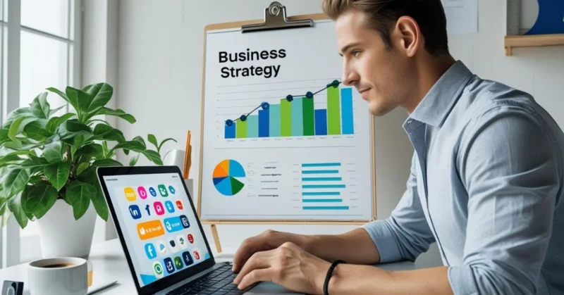 Small business owner using digital tools like laptop, phone, and charts to grow online.