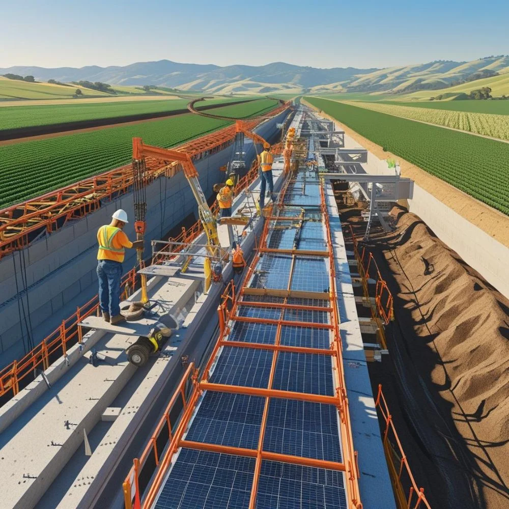 Construction crews build a high-speed rail viaduct in California's Central Valley with cranes and equipment. 