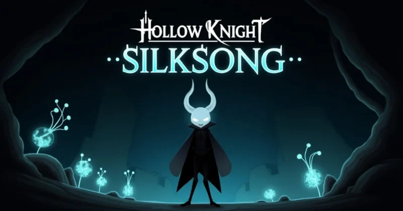 Image of Hornet from Hollow Knight Silksong in a glowing underground world with fantasy lighting and title text.