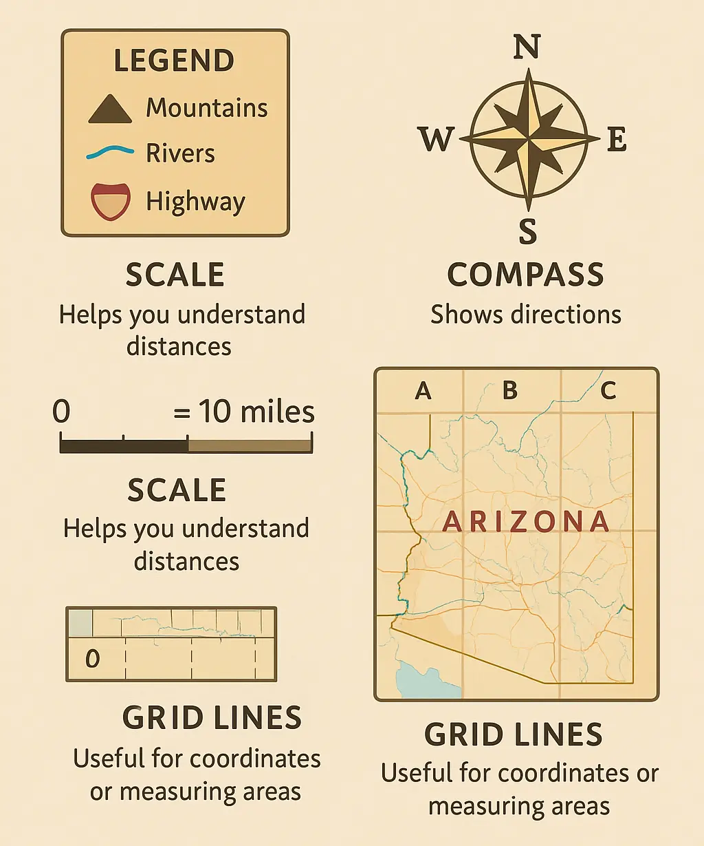 Infographic explaining legend, scale, compass, and grid lines on an Arizona map.