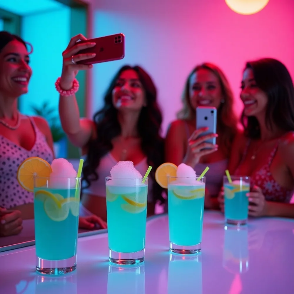 Image of Trendy Gen Z party scene with neon lights, colorful Hpnotiq cocktails, and influencers capturing social media moments.