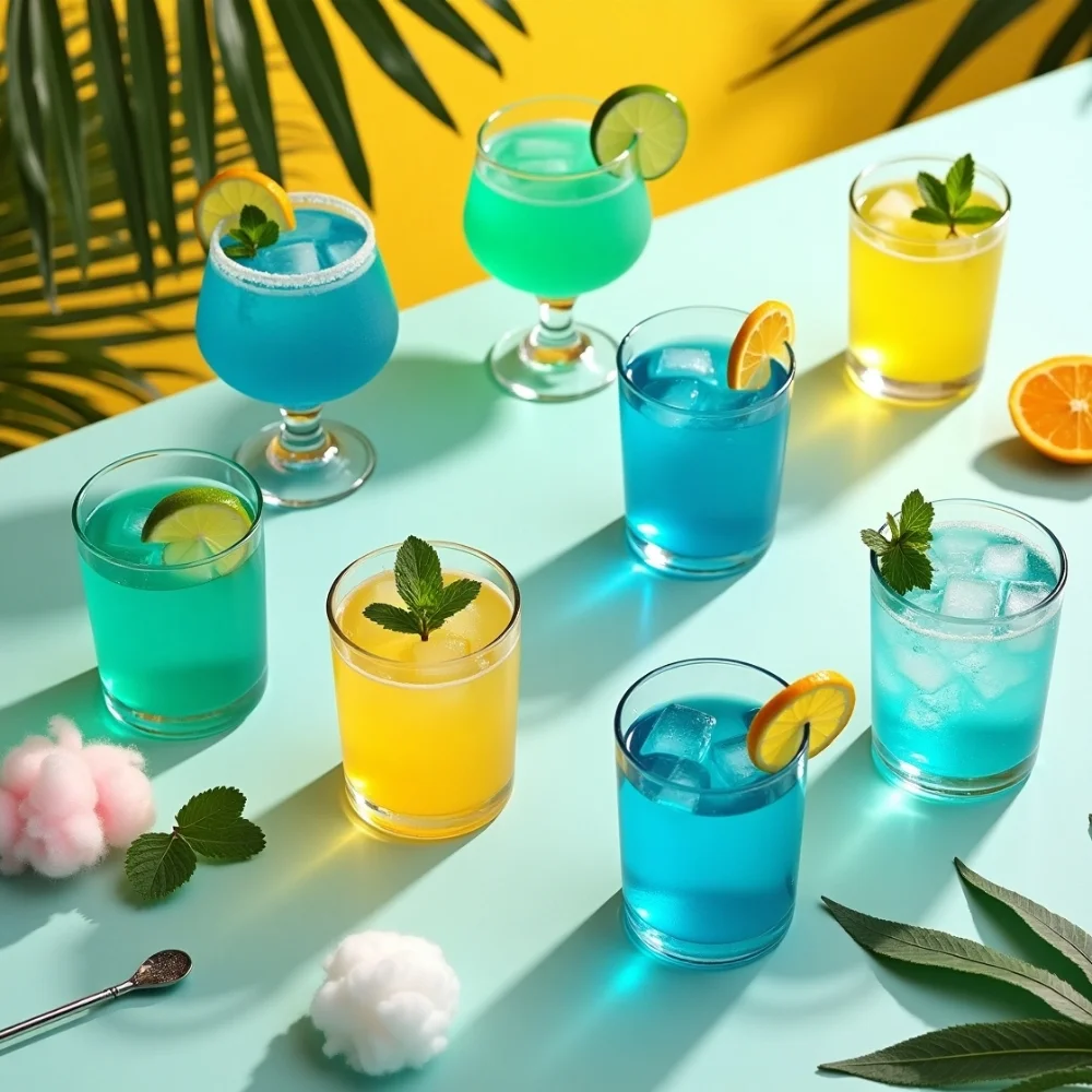 Image of Top view of 10 visually stunning Hpnotiq cocktails in tropical colors, displayed with fresh garnishes and bar tools on a vibrant summer-themed background.