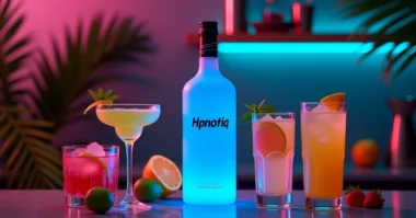 Image of Vibrant 2025 cocktail bar scene featuring Hpnotiq bottle and colorful blue cocktails with neon lights and tropical decor.