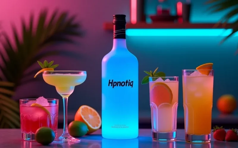 Image of Vibrant 2025 cocktail bar scene featuring Hpnotiq bottle and colorful blue cocktails with neon lights and tropical decor.