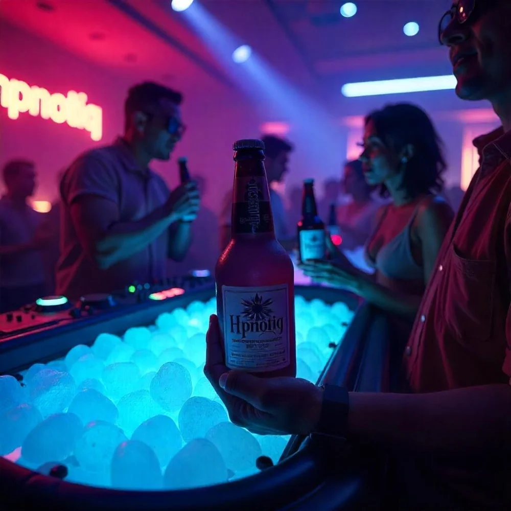 Image of Image of Celebrities holding Hpnotiq bottles in a vibrant nightclub scene with music and neon lights.