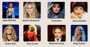 Collage of iconic women singers: Reba McEntire, Barbra Streisand, Gloria Estefan, Pat Benatar, and Dolly Parton.