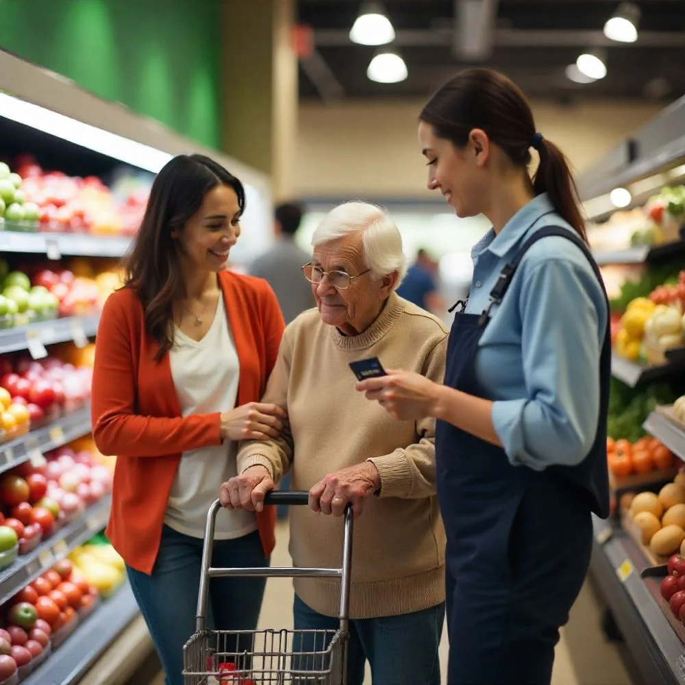 SNAP-eligible individuals, including a single parent, senior, and worker, shopping for groceries.