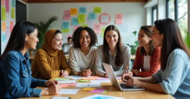 Image of Diverse team working together in an inclusive office environment.