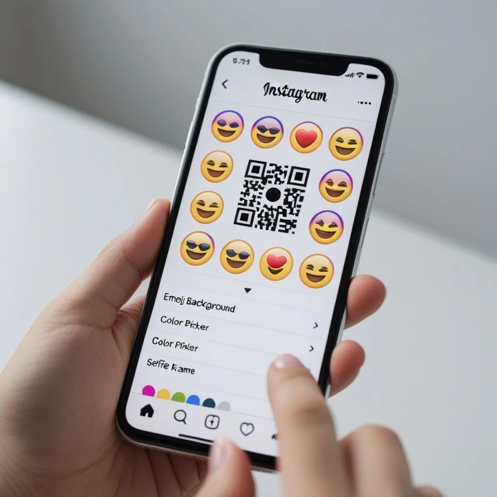 Phone screen showing Instagram QR code with design options. 