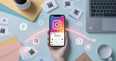 Smartphone displaying Instagram QR code surrounded by marketing tools.