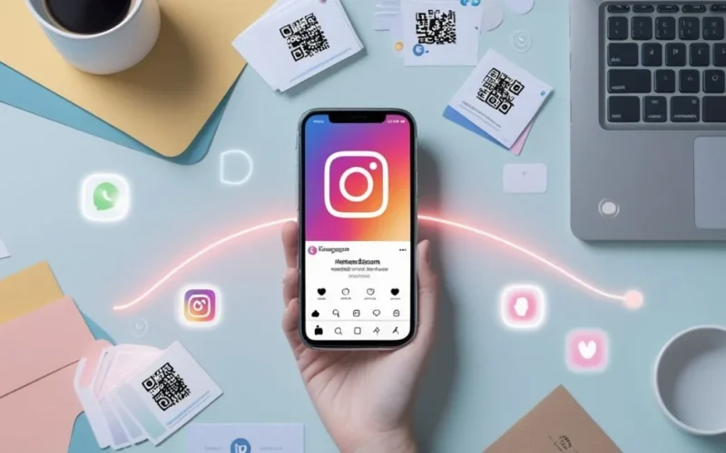 Smartphone displaying Instagram QR code surrounded by marketing tools.