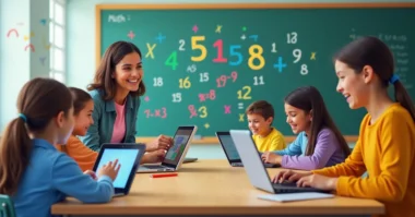Image of Students using tablets in a classroom with interactive math programs on screen and a teacher guiding them through digital lessons.