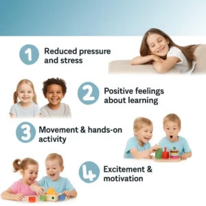 Children learning through play, showing reduced stress, hands-on activity, social skills, and motivation.