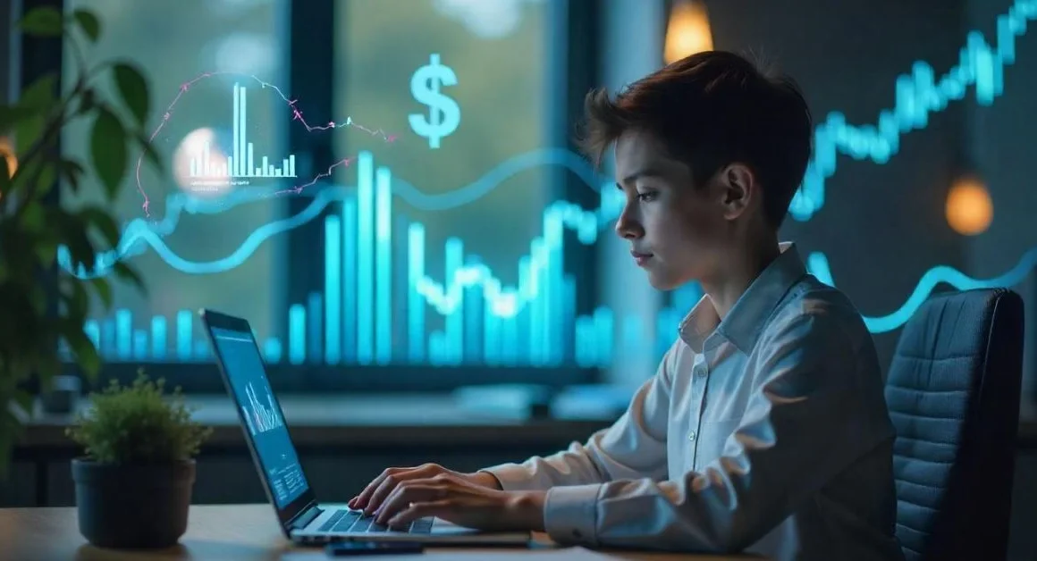 "Focused young person analyzing stock data on a laptop with financial charts in the background."