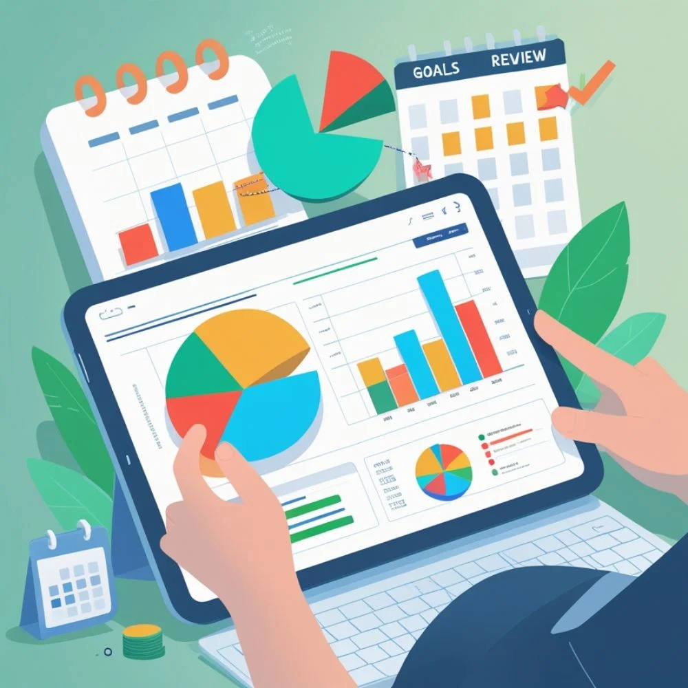 "Investor adjusting a stock portfolio on a screen with charts and rebalancing indicators." 