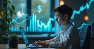 "Focused young person analyzing stock data on a laptop with financial charts in the background."