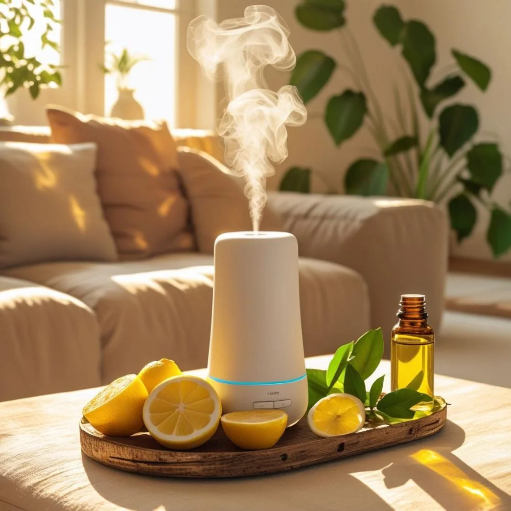 Lemon oil diffuser with fresh lemons in a bright, airy living room. 