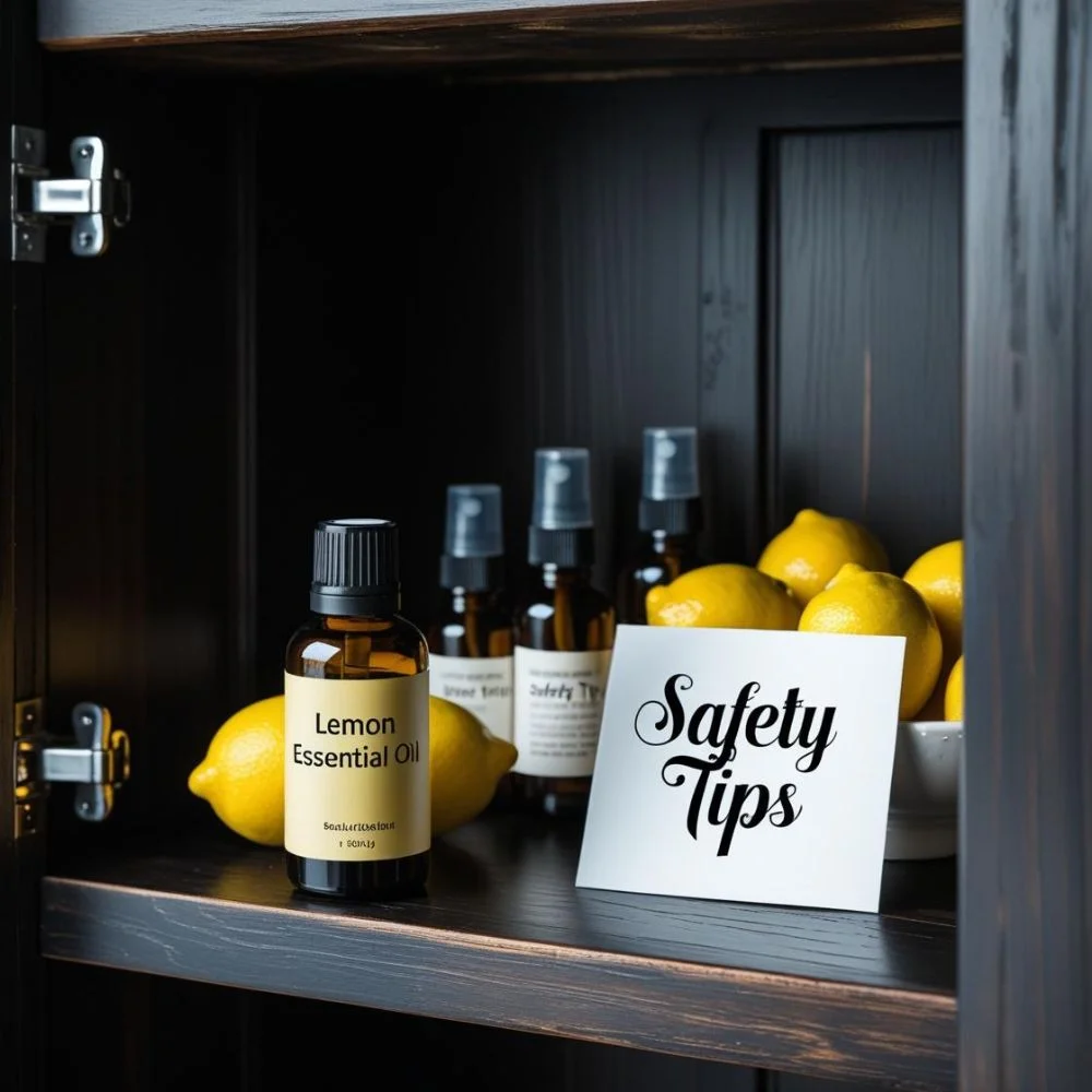 Lemon oil stored in amber glass bottle inside a cool, dark cabinet.