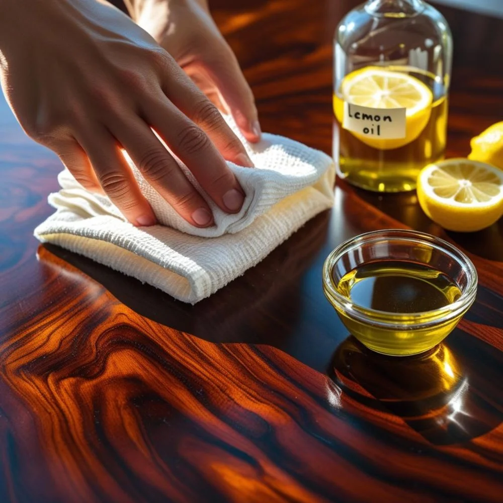 Polishing wooden table with lemon oil and cloth for natural shine.