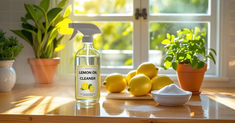 Natural lemon oil cleaner with lemons and diffuser on a sunny kitchen counter.