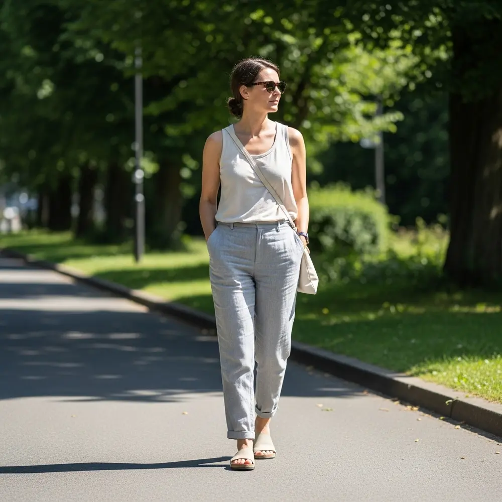 Person in linen pants with t-shirt, sandals, and sun hat on a casual summer day.
