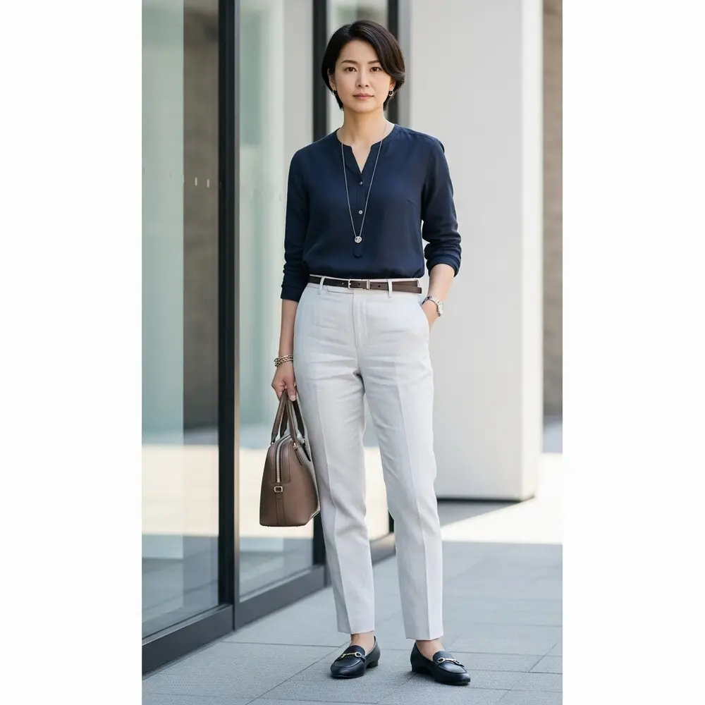 Person in formal linen pants and blouse with work bag in a neat office setting.