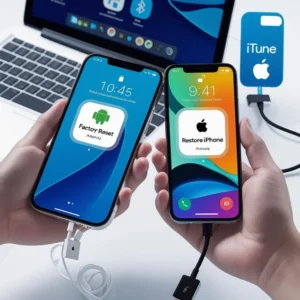 Android and iPhone in recovery mode with reset options shown on screen.